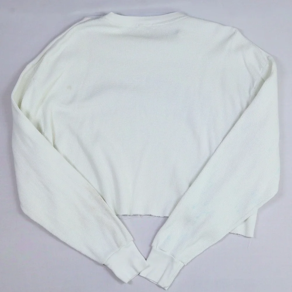 John Galt Nantucket Graphic Thermal Top Women OS White Blue Cropped Waffle Knit - Picture 4 of 13